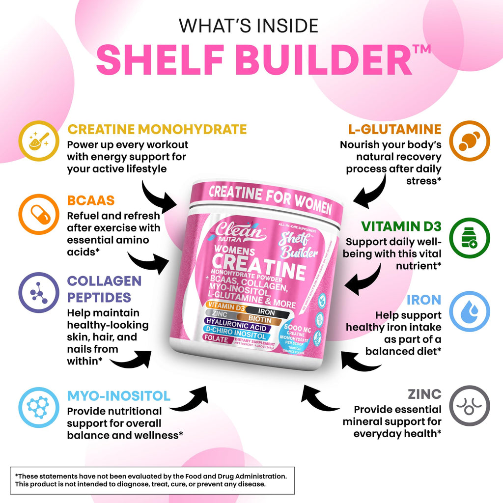 Creatine for Women | Creatine Monohydrate + BCAA Powder Myo-Inositol Collagen Biotin Hyaluronic Acid Folate L Glutamine Vitamin D3 Iron Zinc D-Chiro-Maca Digestion Shelf Builder by Clean Nutra
