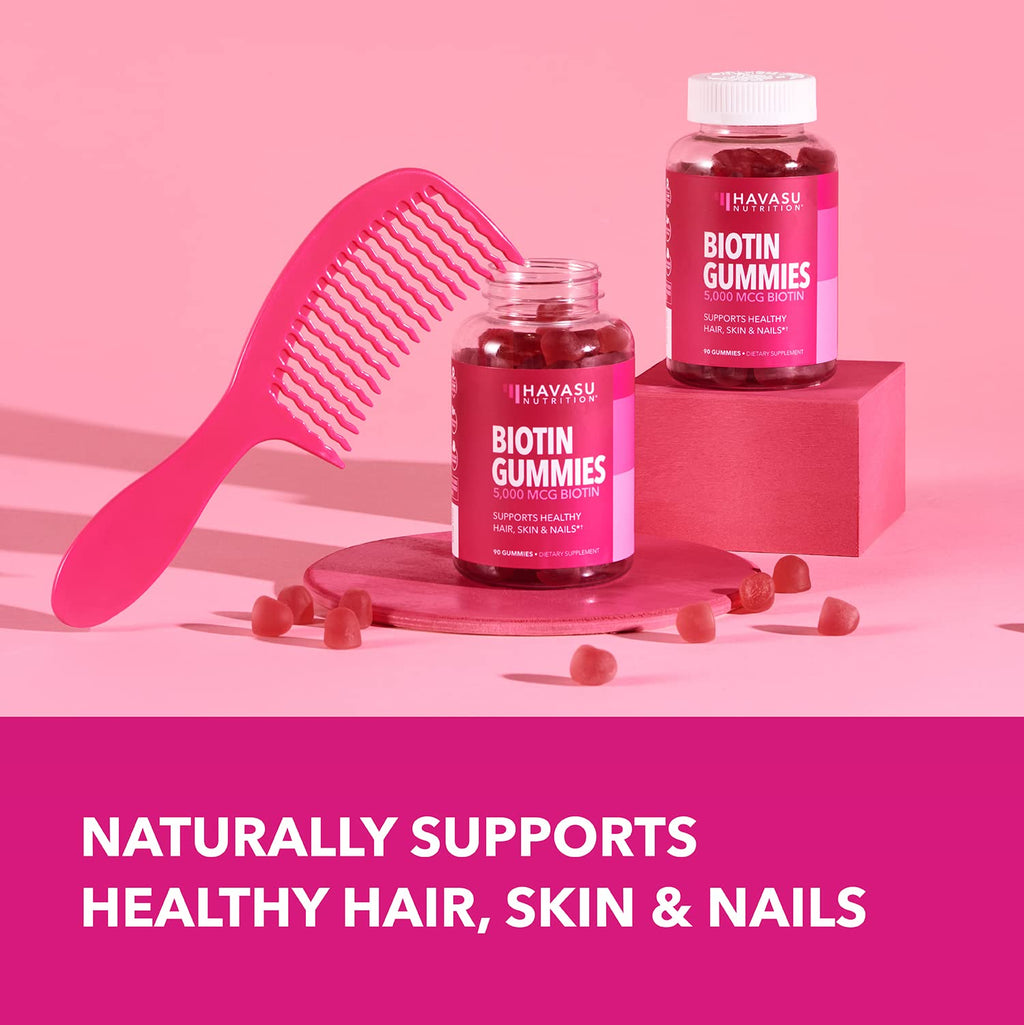 Biotin Gummies 5000mcg for Hair, Skin & Nails – Vegan Vitamin B7, Strawberry Flavor, 90 Count