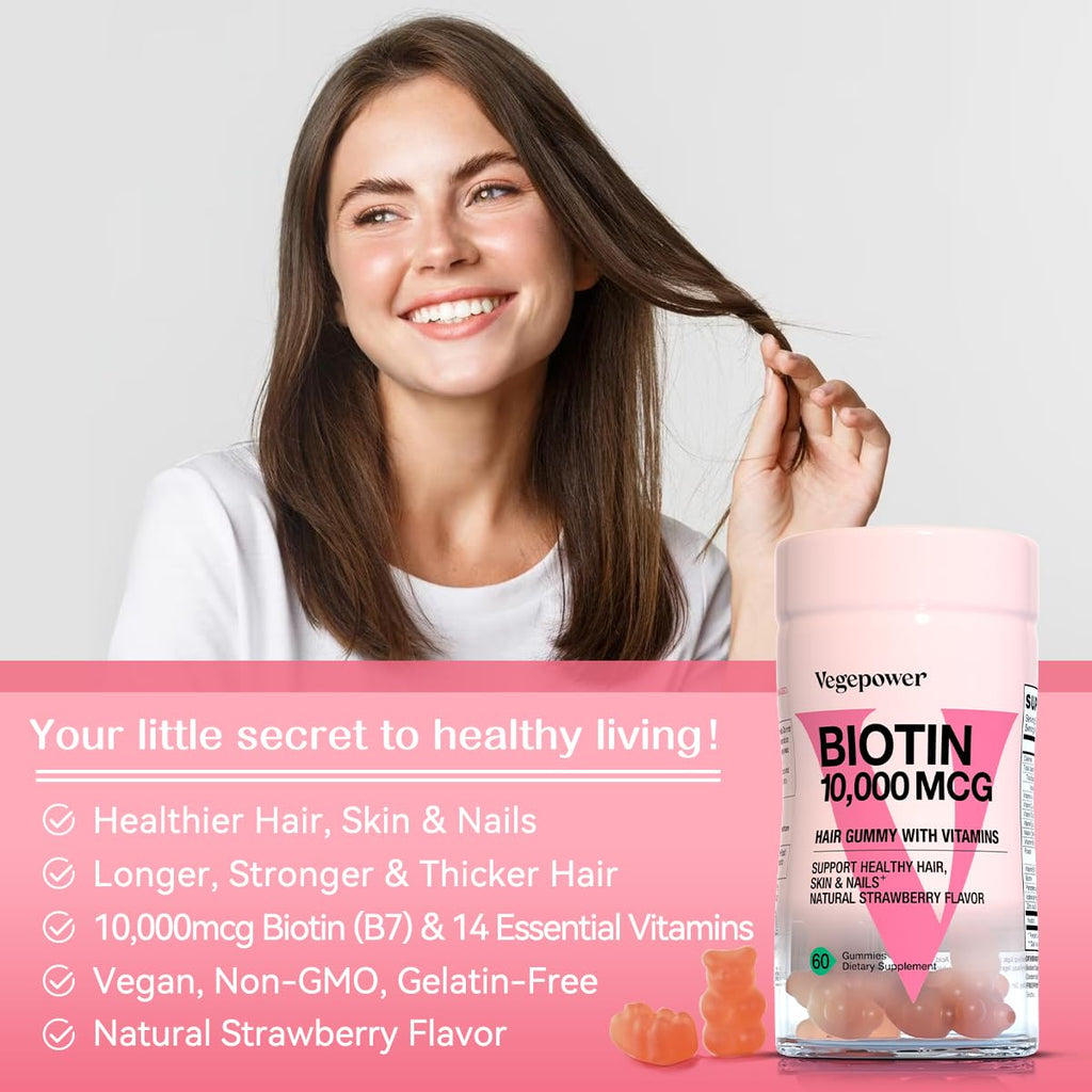 Biotin Gummies 10000mcg - Vegan Hair Growth Gummies for Women & Girls | Strawberry, Non-GMO, 120 Bears