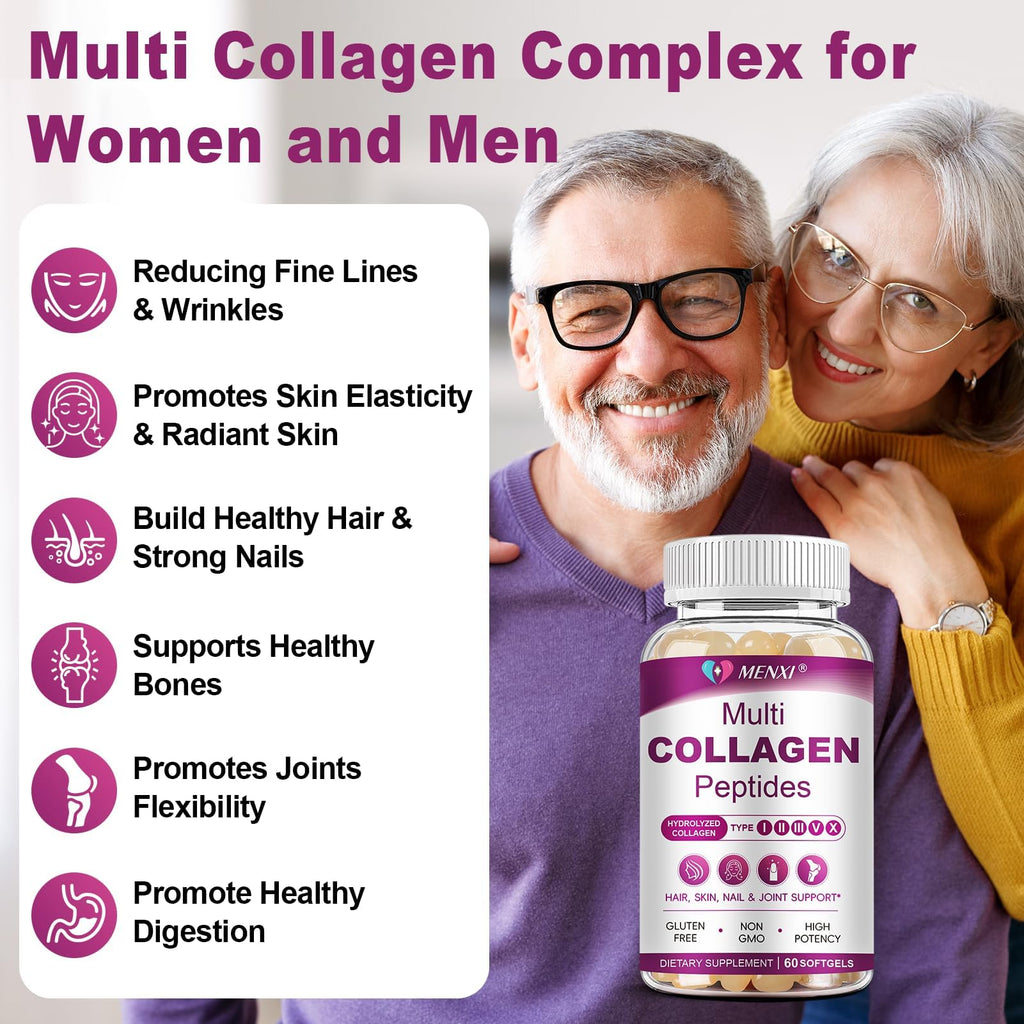 Multi Collagen Peptides Softgels - Types I II III V X with Biotin Vitamin C Hyaluronic Acid