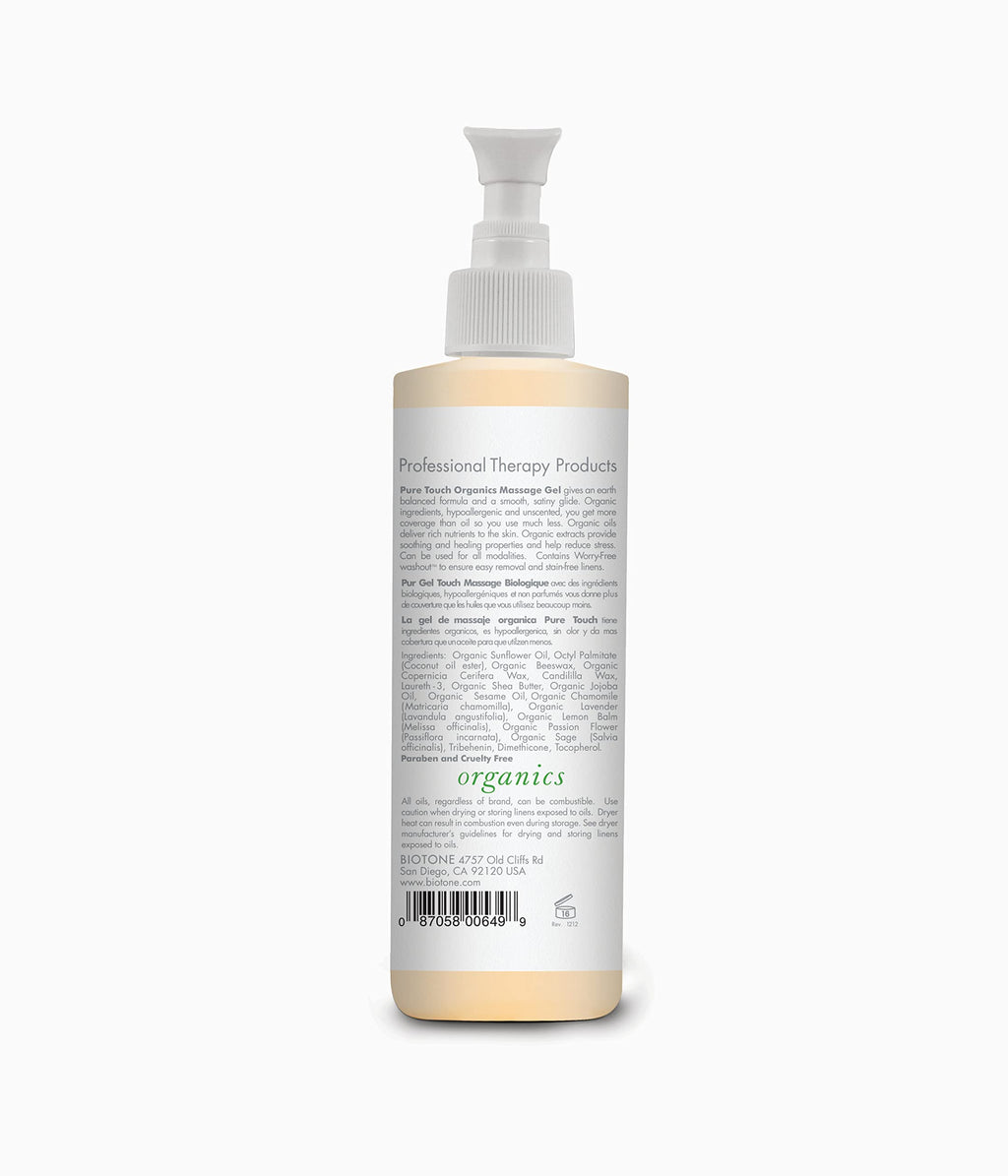 Biotone Pure Touch Organics Massage Gel, 8 Ounce - Unscented, All Natural