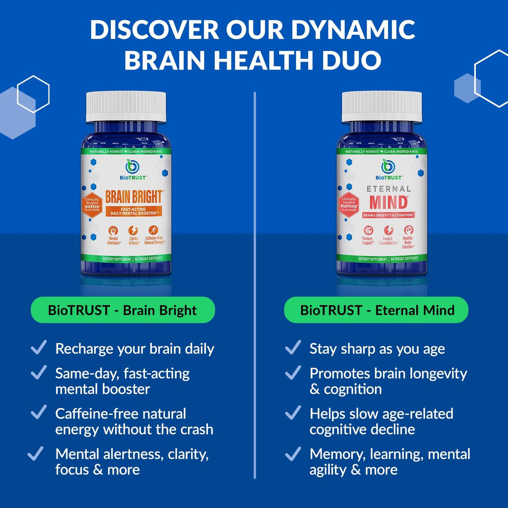 BioTrust Brain Bright – Daily Nootropic Boost for Focus, Concentration, Mental Clarity – Caffeine Free Nootropics Brain Support Supplement – Thai Ginger, Ginkgo, Folate, L-Theanine – 30 Servings