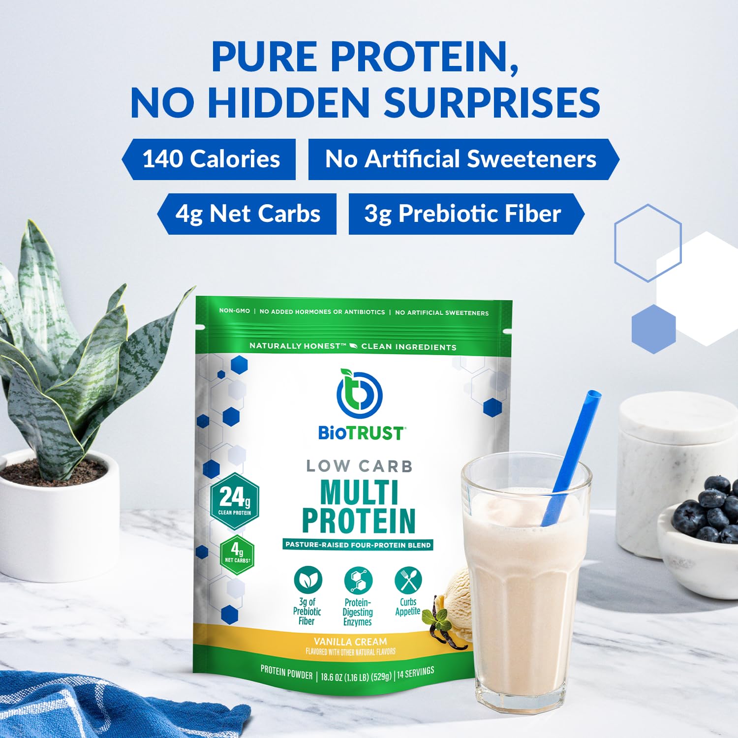BioTrust Low Carb Protein Powder – Vanilla (3-Pack) | Grass-Fed Whey & Casein Blend