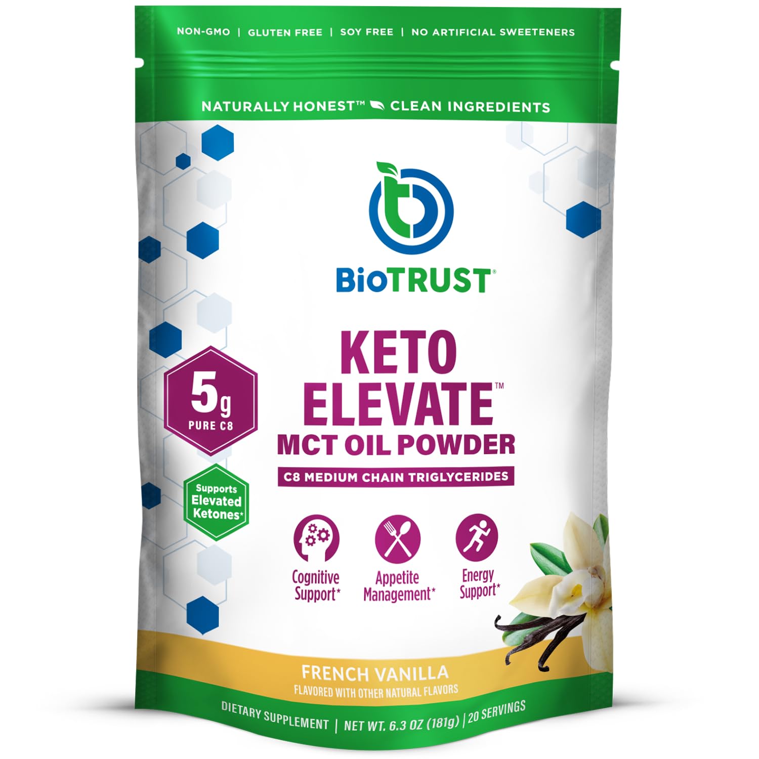 BioTrust Keto Elevate C8 MCT Oil Powder – French Vanilla, 20 Servings – Non-GMO, USA-Made
