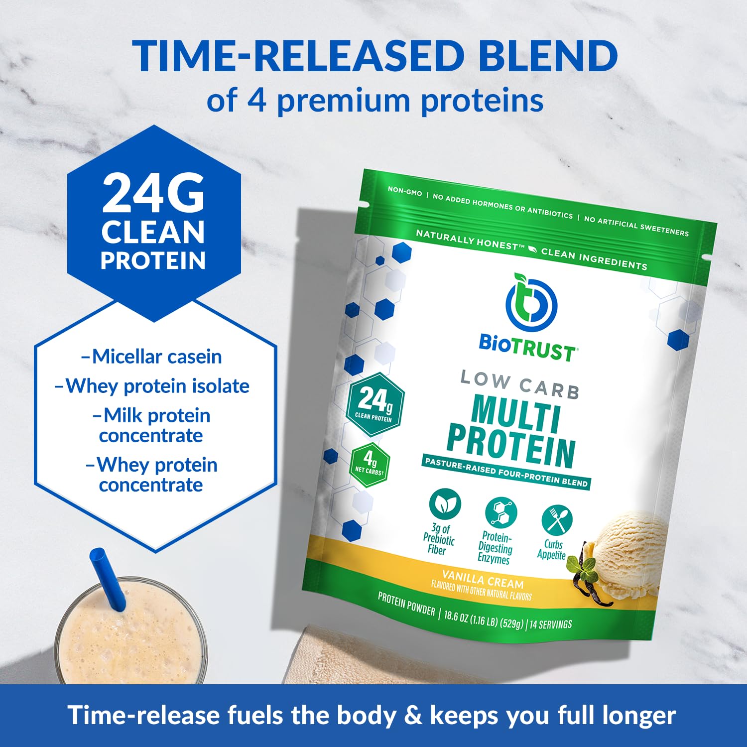 BioTrust Low Carb Protein Powder – Vanilla (3-Pack) | Grass-Fed Whey & Casein Blend