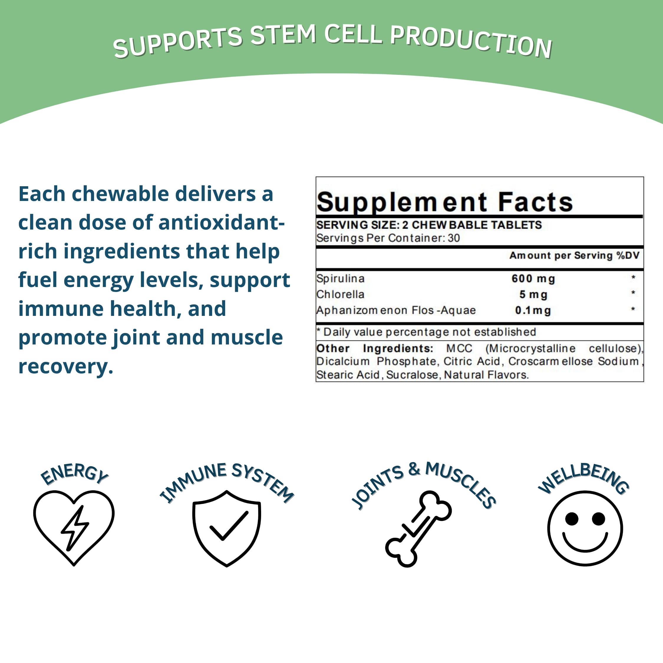 Bioxtron Natural Stem Cell Supplement Chewables – Spirulina, Chlorella, AFA | Energy, Immune & Joint Support | 60 Tablets (30 Servings)