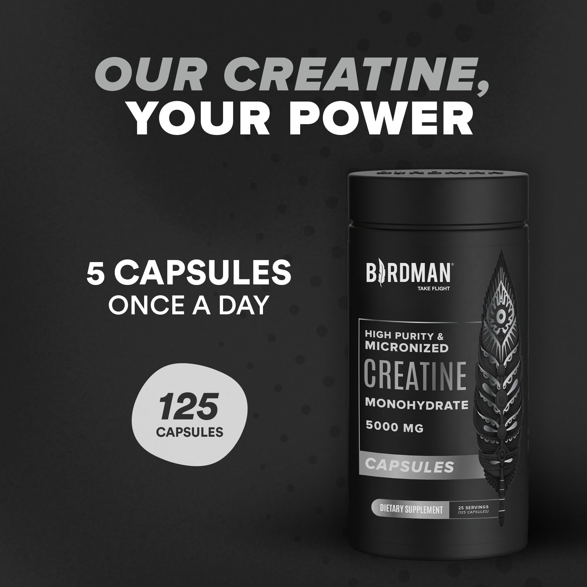 Birdman Micronized Creatine Monohydrate Capsules – Muscle Growth & Recovery | Vegan, Caffeine Free, Gluten Free, Sugar Free | 125 Capsules (25 Servings)