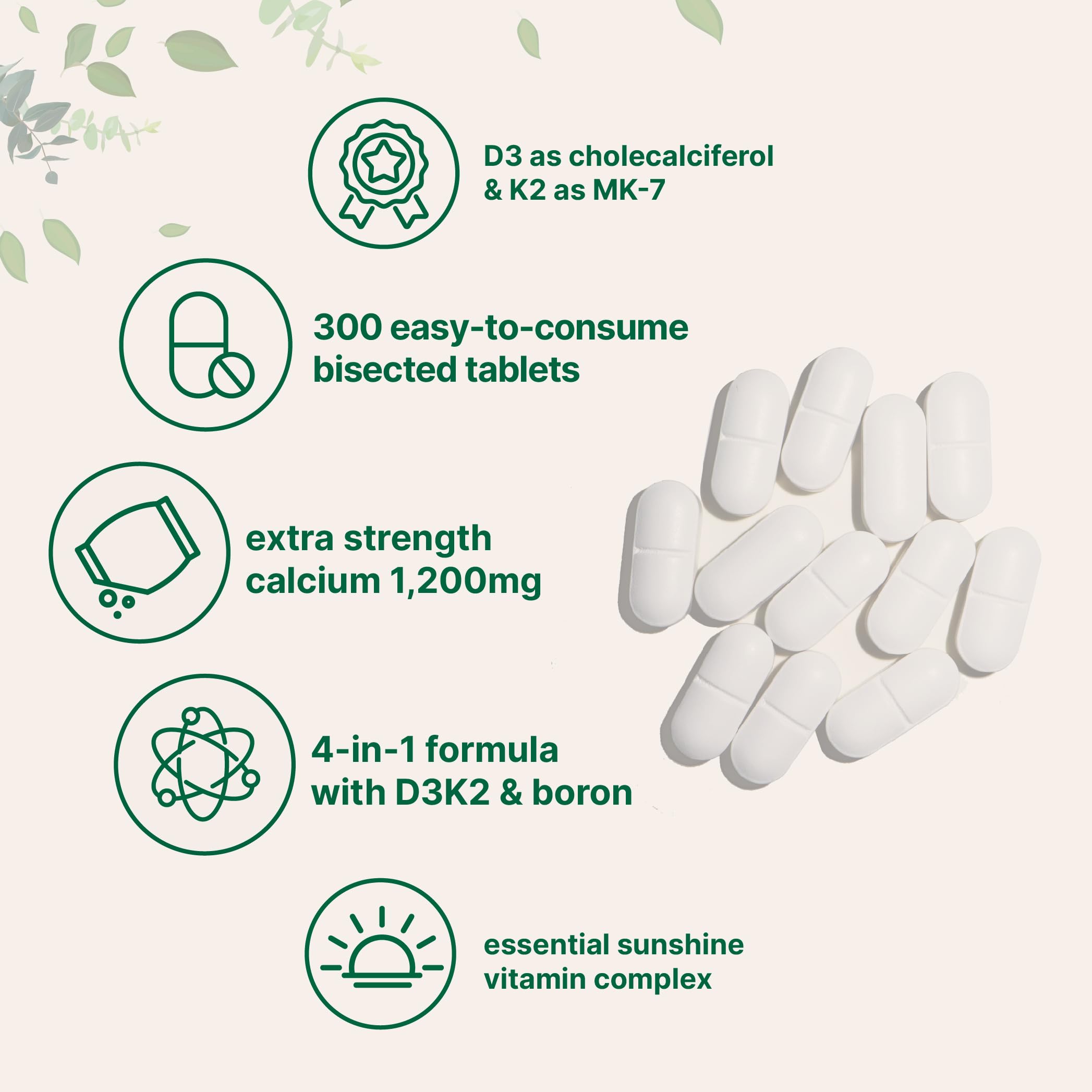 Micro Ingredients Calcium 1,200mg with D3 & K2 - 300 Tablets