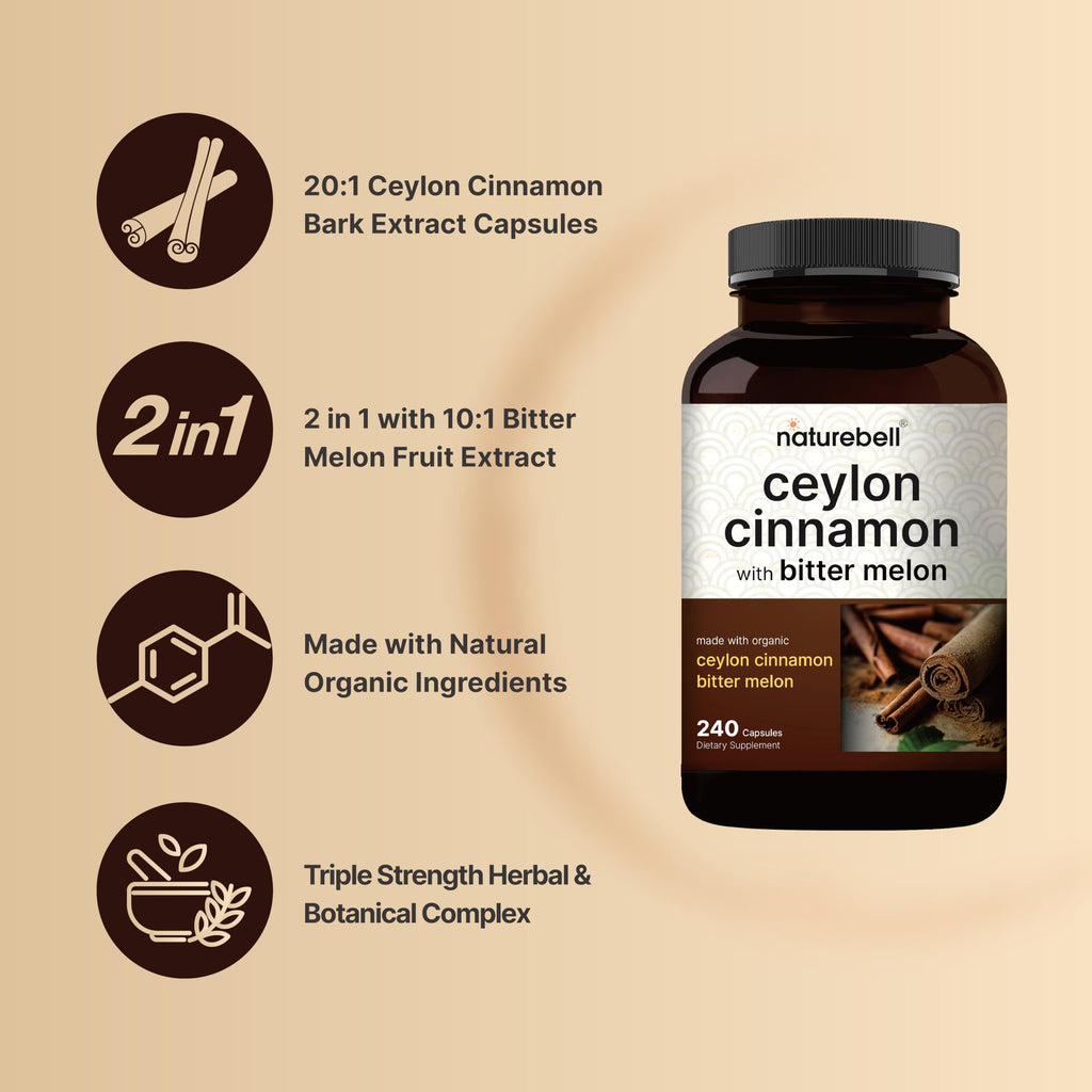 NatureBell Ceylon Cinnamon Per Serving - 240 Capsules | Organic Sri Lanka Cinnamon & Bitter Melon 2-in-1 Support | Non-GMO, Gluten-Free