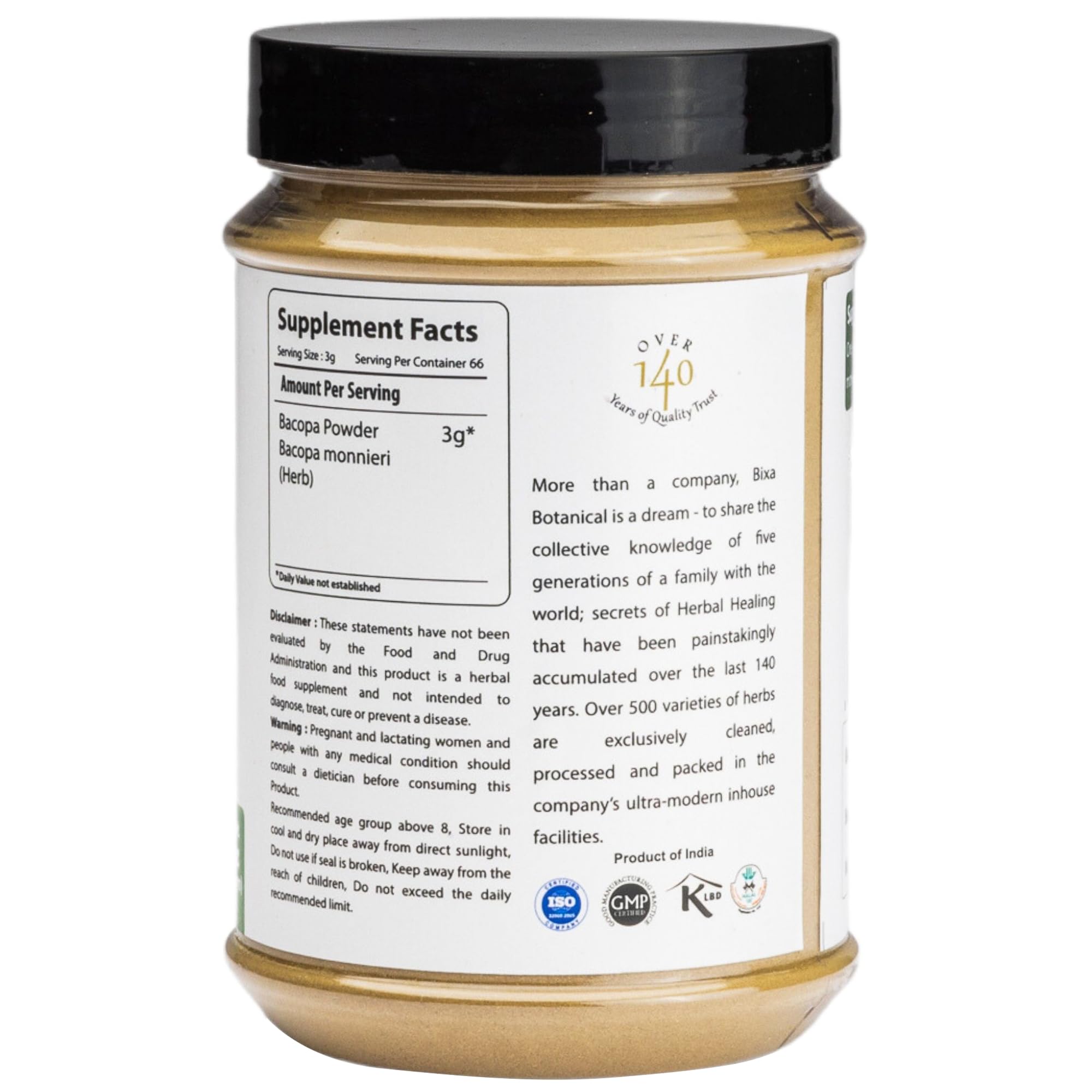 Bixa BOTANICAL Brahmi Powder - Bacopa Monnieri | 200g Ayurvedic Herbal Supplement | Gluten Free, Non-GMO, Vegan