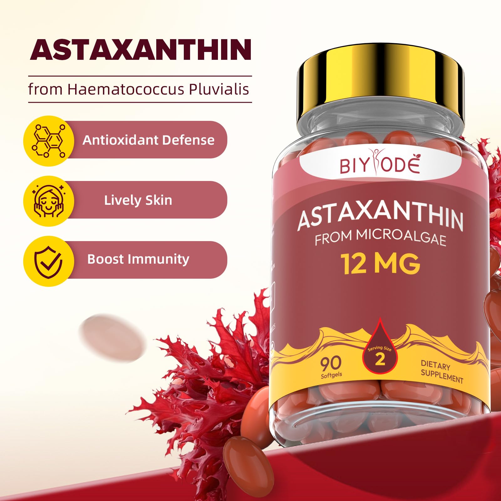 BIYODE Astaxanthin 12mg Softgels – High Potency Antioxidant (90 Softgels)