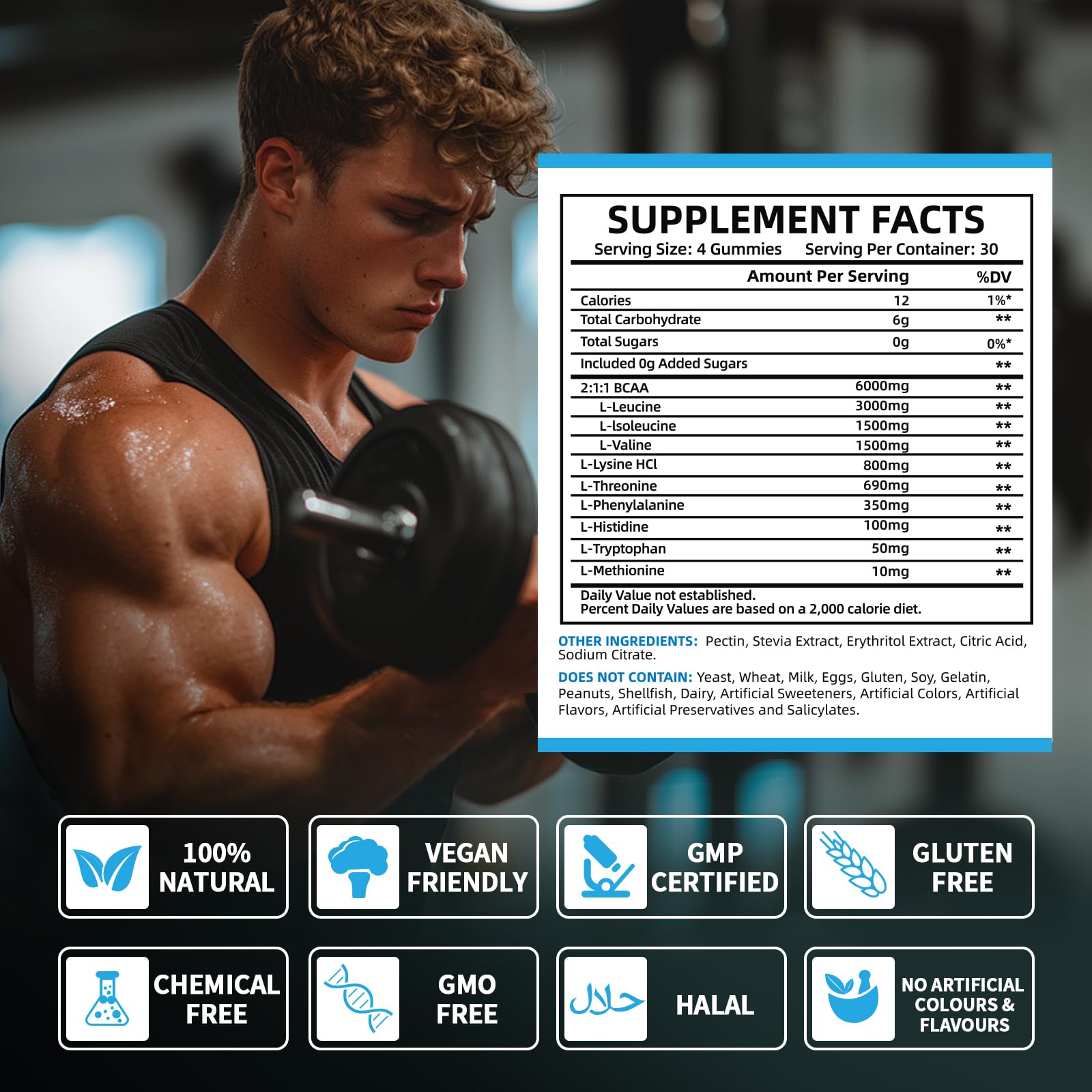 BIYODE EAA Gummies – Essential Amino Acids + BCAAs for Muscle Support (Sugar-Free Blue Raspberry, 120 Gummies)