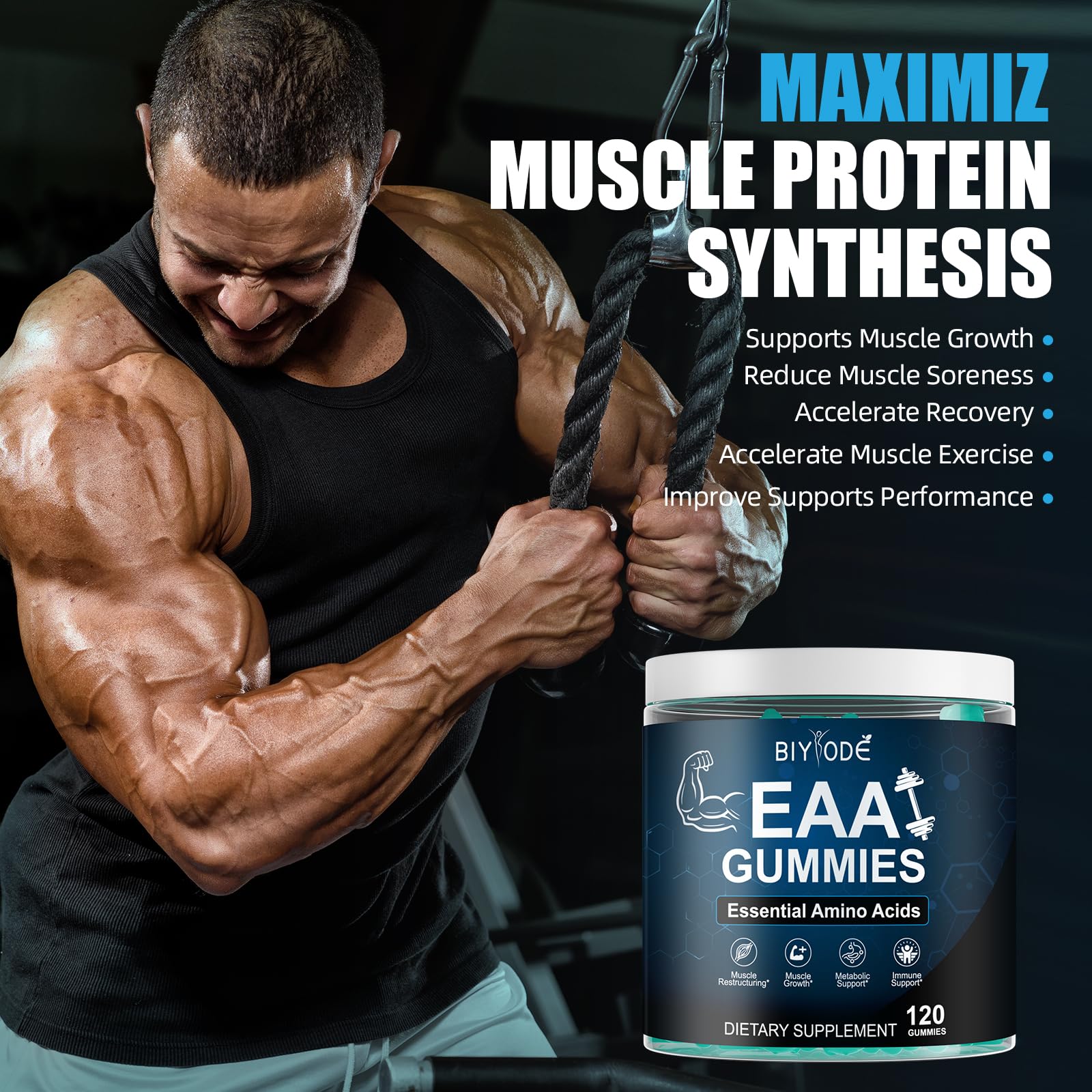 BIYODE EAA Gummies – Essential Amino Acids + BCAAs for Muscle Support (Sugar-Free Blue Raspberry, 120 Gummies)