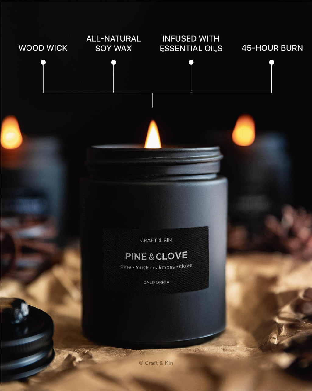 Craft & Kin Premium Pine & Clove Candle | Black Christmas Scented Soy Candle – 7.6oz, 45 Hour Burn Time