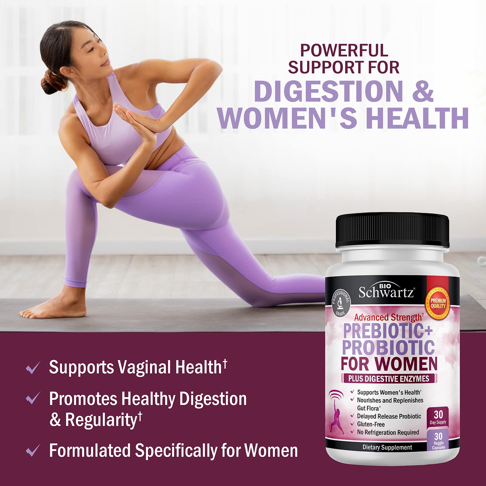 Prebiotics & Probiotics for Women – Gut, Vaginal & Immune Health Support with Black Cohosh & Red Clover (30 Count) | Whole Food Digestive Enzymes