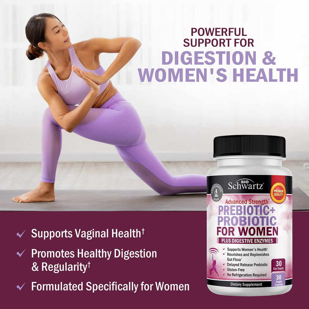Prebiotics & Probiotics for Women – Gut, Vaginal & Immune Health Support with Black Cohosh & Red Clover (30 Count) | Whole Food Digestive Enzymes
