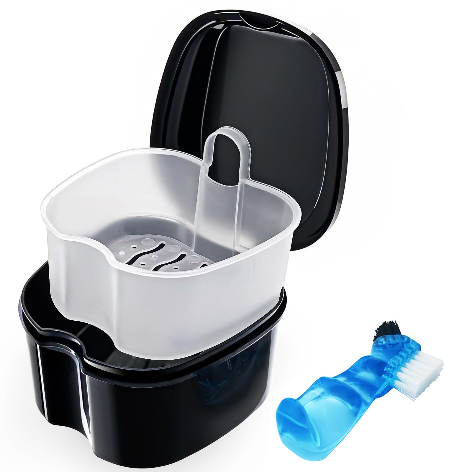Black Denture Soaking Container - Partial Denture Case & Retainer Cleaning Cup