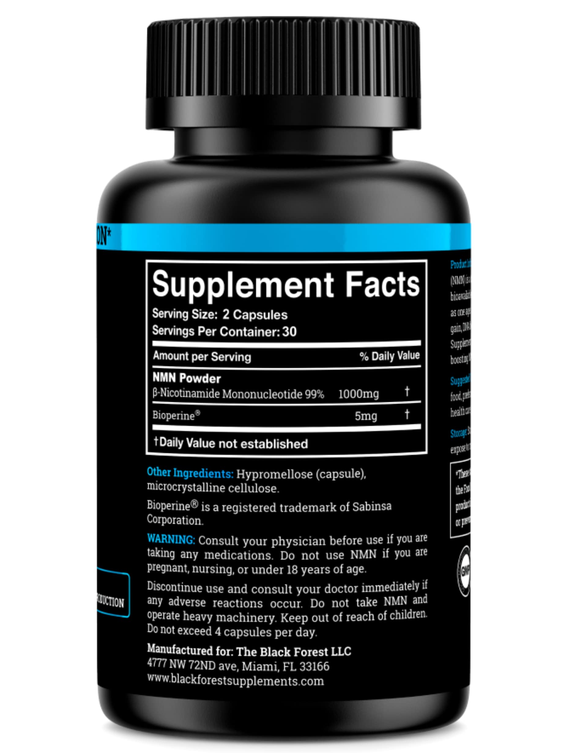 Black Forest NMN 1000mg Supplement – BioPerine Enhanced NAD Booster (60 Capsules)