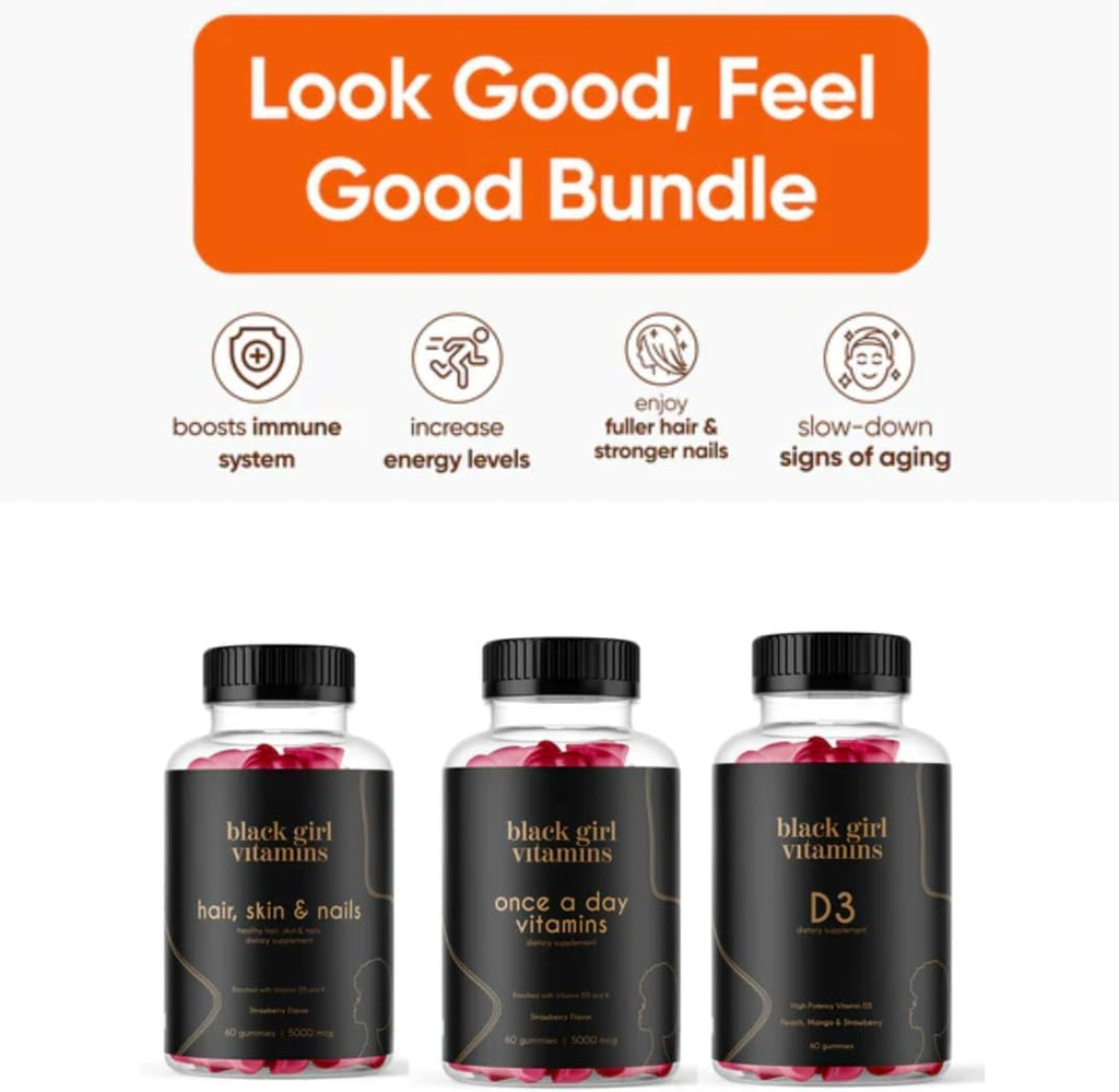 Black Girl Vitamins Look Good Feel Good Bundle – Hair Skin & Nails + Vitamin D3 2000IU + Once a Day Multivitamin