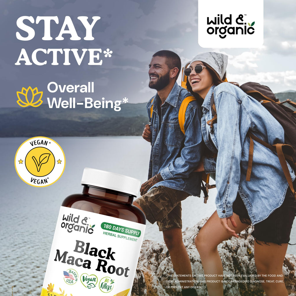 Wild & Organic Black Maca Root Capsules – 500 mg, 180 Count – Vegan, Non-GMO