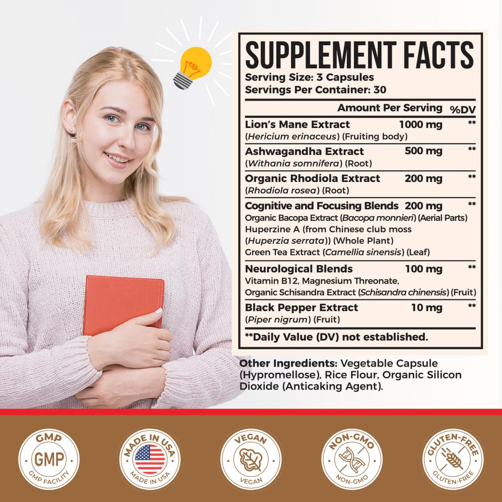Ashwagandha & Lions Mane Capsules for Brain, Memory & Focus | 90 Capsules