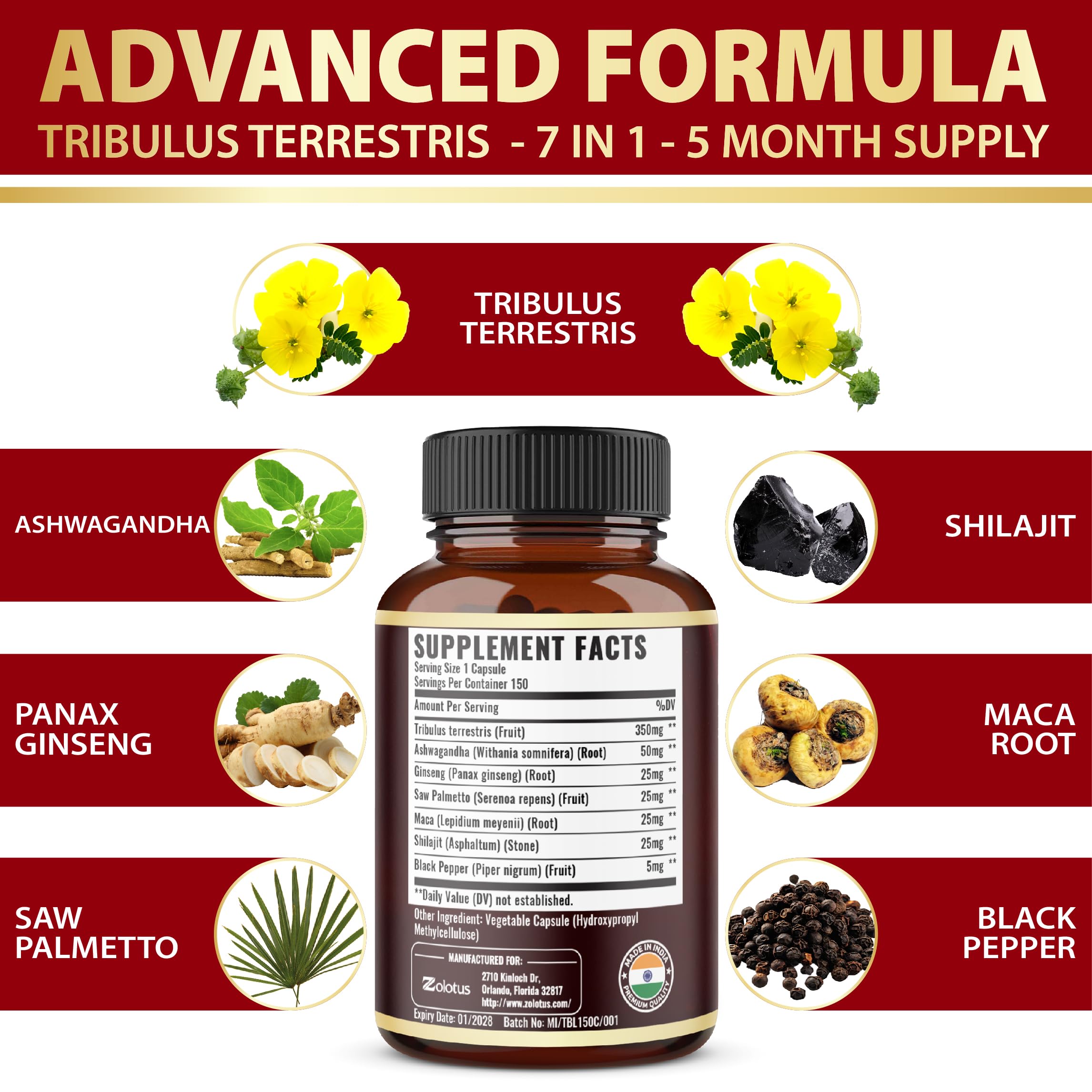 Tribulus Terrestris Supplement for Men & Women - 150 Capsules (5-Month Supply)