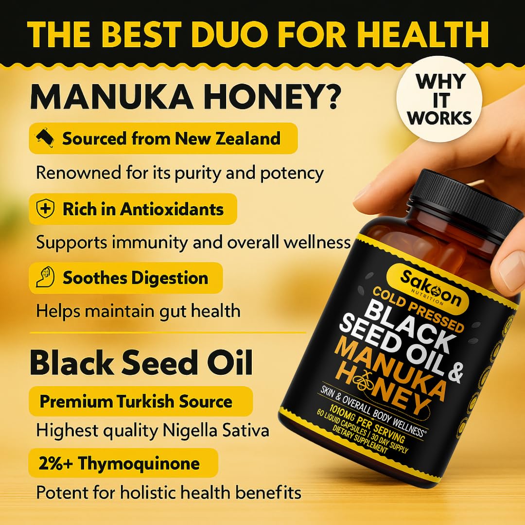 Black Seed Oil Capsules with New Zealand Manuka Honey – 1010mg per Serving, 2% Thymoquinone, Immune & Digestive Support, Made in USA, 60 Count
