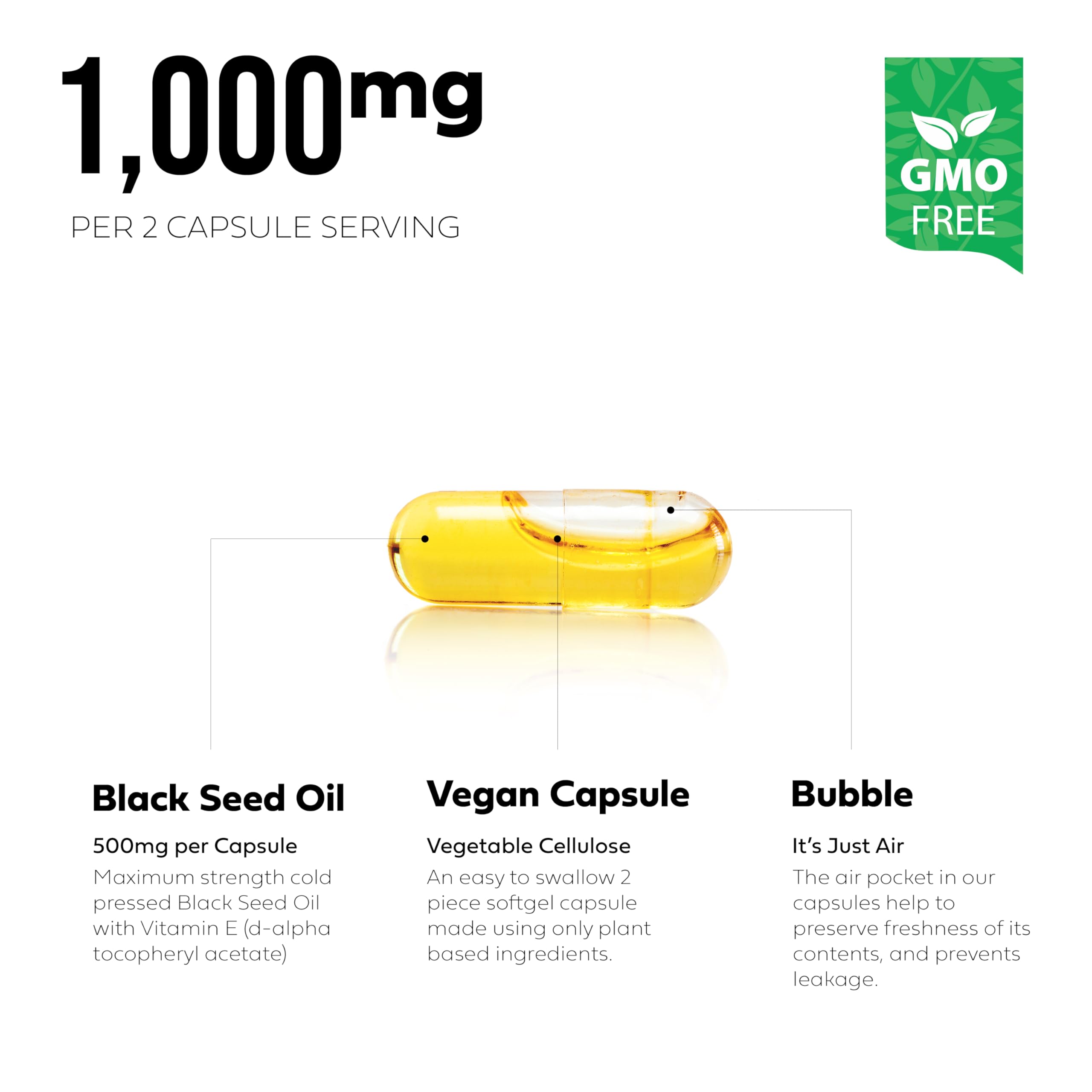 Black Seed Oil Capsules | Non-GMO & Vegan | Cold-Pressed 500mg