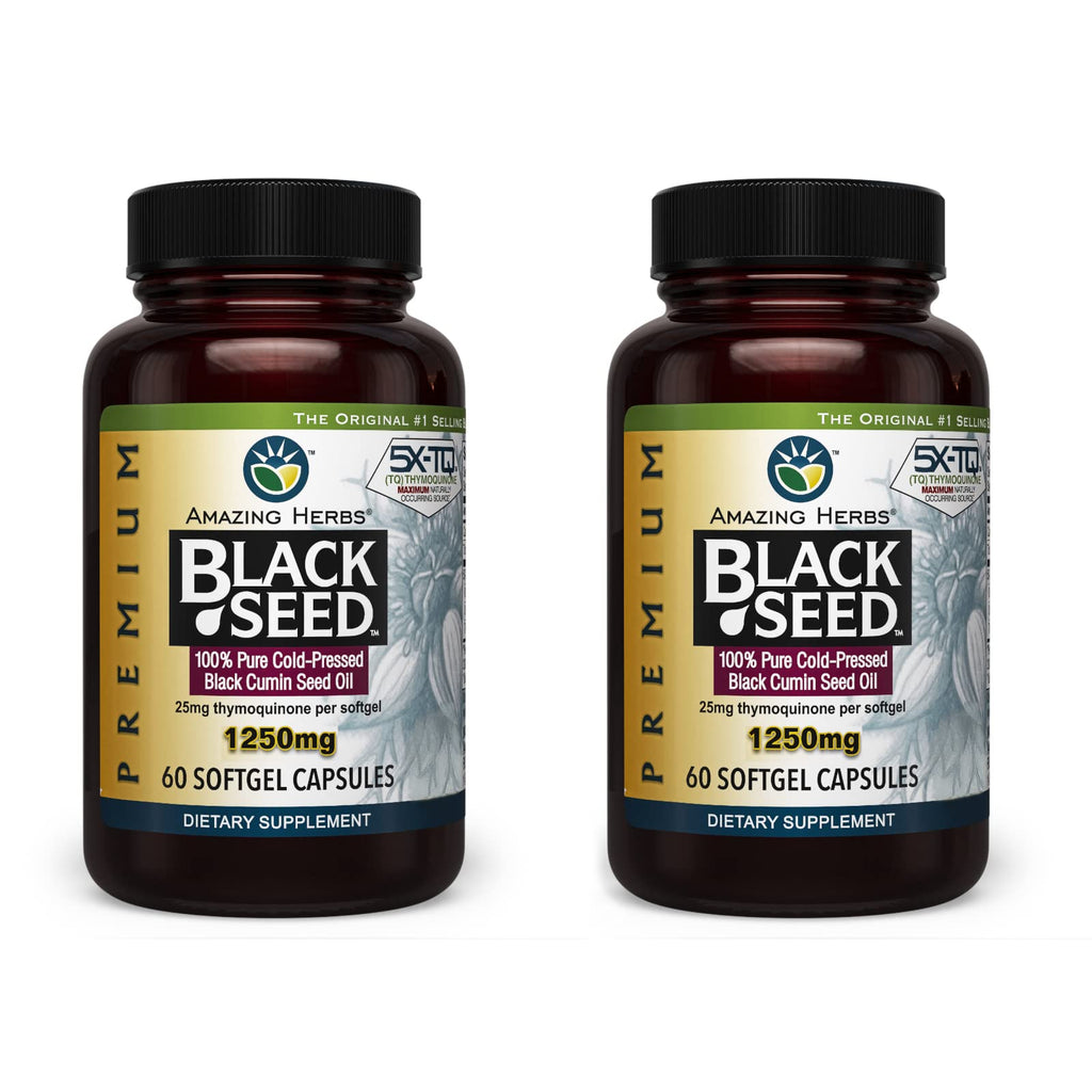 Amazing Herbs Premium Black Seed Oil Capsules - 1250mg, Cold-Pressed Nigella Sativa, 60 Count (Pack of 2)