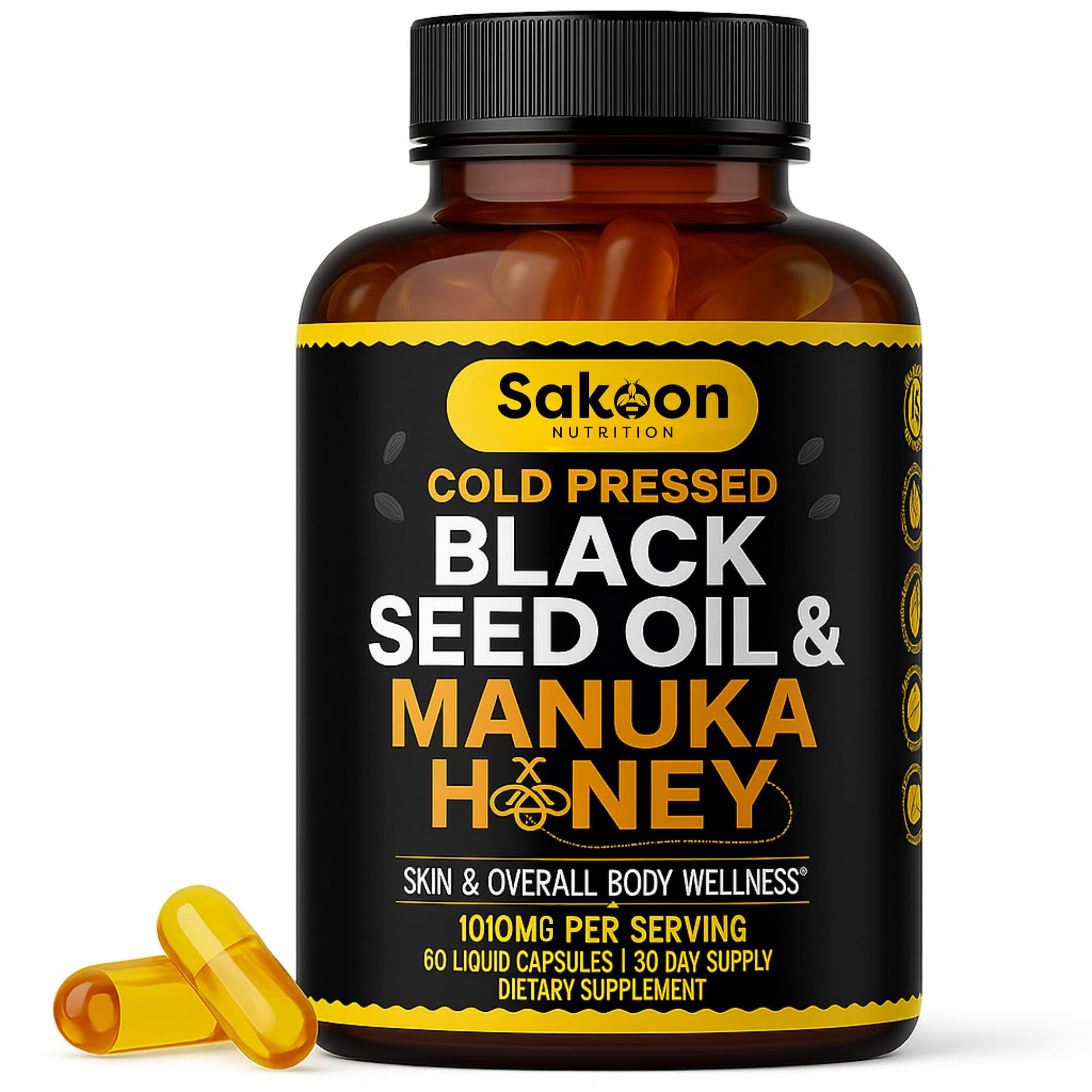 Black Seed Oil Capsules with New Zealand Manuka Honey – 1010mg per Serving, 2% Thymoquinone, Immune & Digestive Support, Made in USA, 60 Count