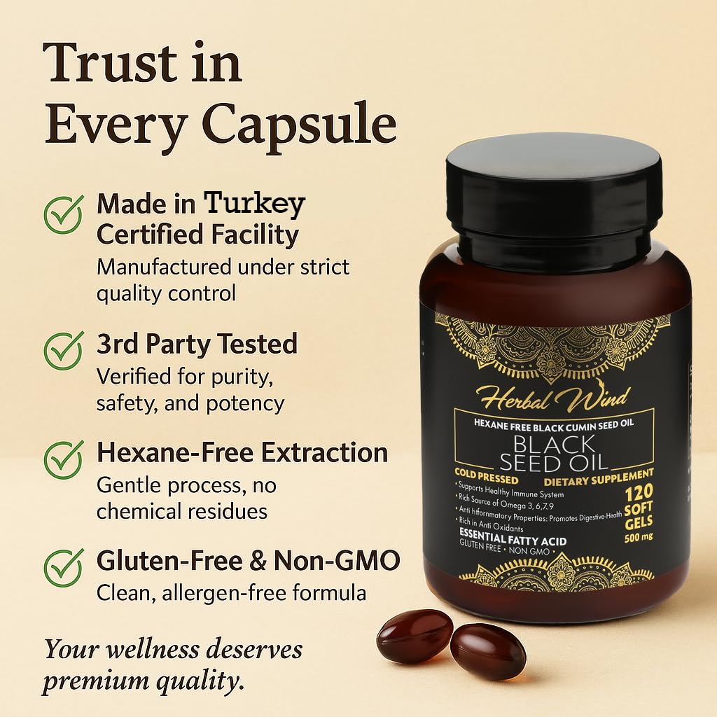 Black Seed Oil Capsules - Cold Pressed 500mg, 120 Softgels | Premium Quality Nigella Sativa - Non-GMO