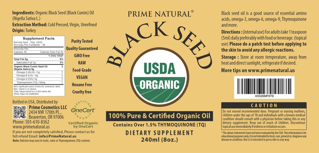 Prime Natural Organic Black Seed Oil 8oz — Cold Pressed, 1.7% Thymoquinone | USDA Organic, Turkish Nigella Sativa