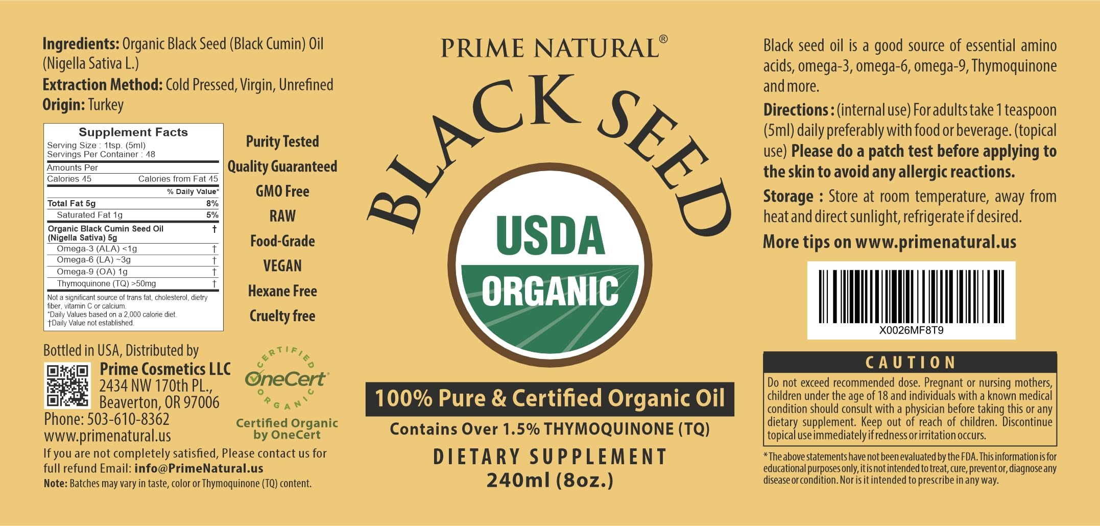 Prime Natural Organic Black Seed Oil 8oz — Cold Pressed, 1.7% Thymoquinone | USDA Organic, Turkish Nigella Sativa