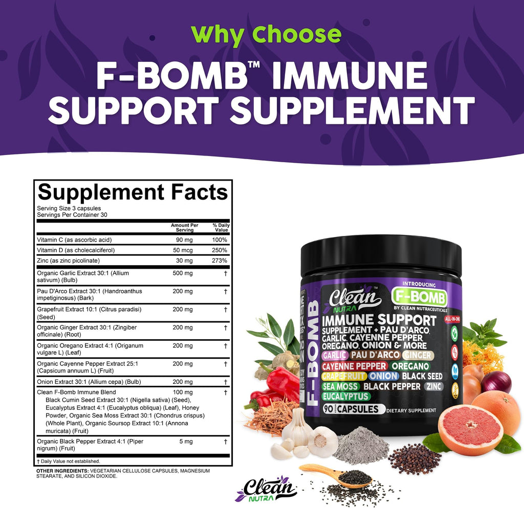 Organic Immune Support with PAU D'Arco, Garlic, Cayenne Pepper, Oregano, Ginger & More | Clean Nutra