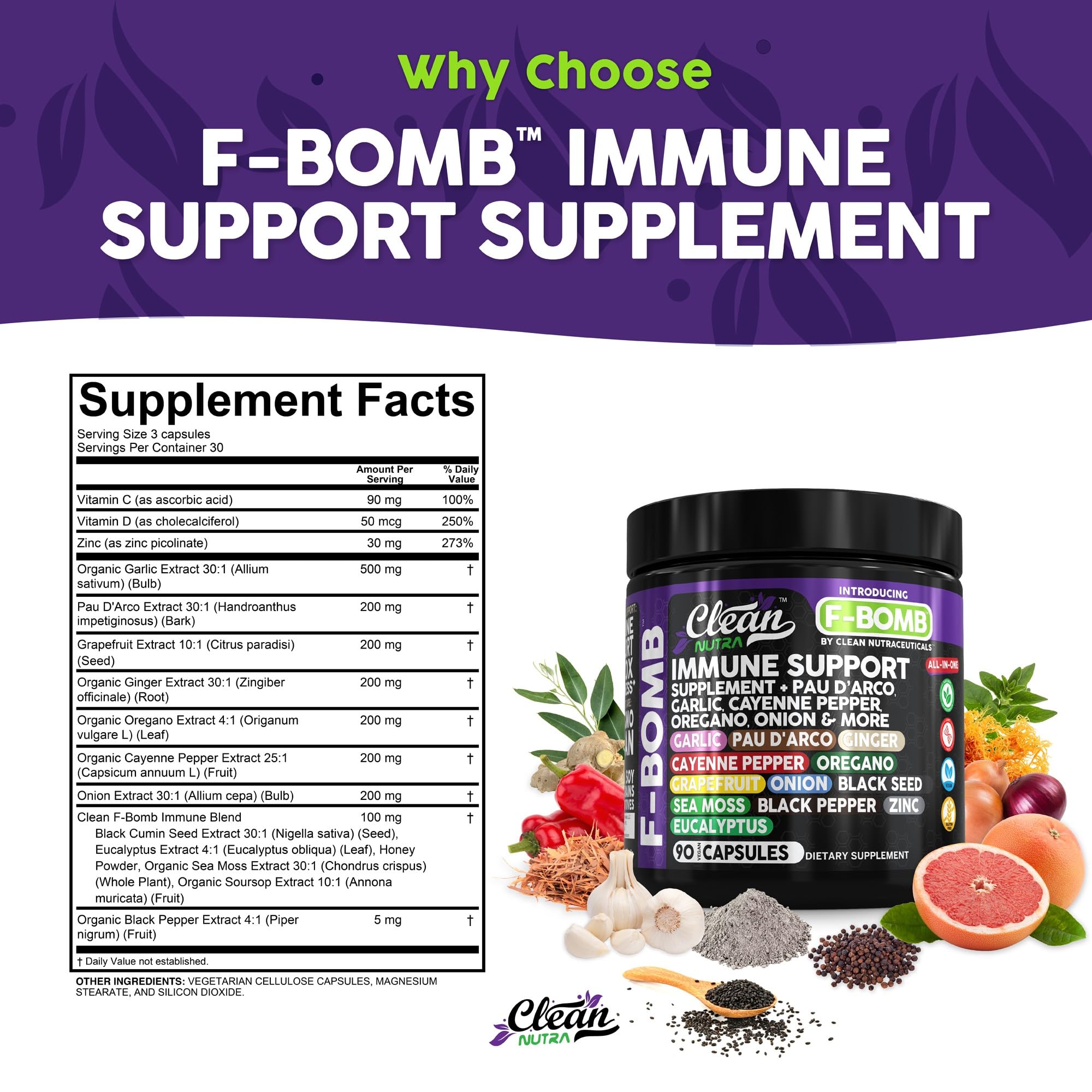Organic Immune Support with PAU D'Arco, Garlic, Cayenne Pepper, Oregano, Ginger & More | Clean Nutra