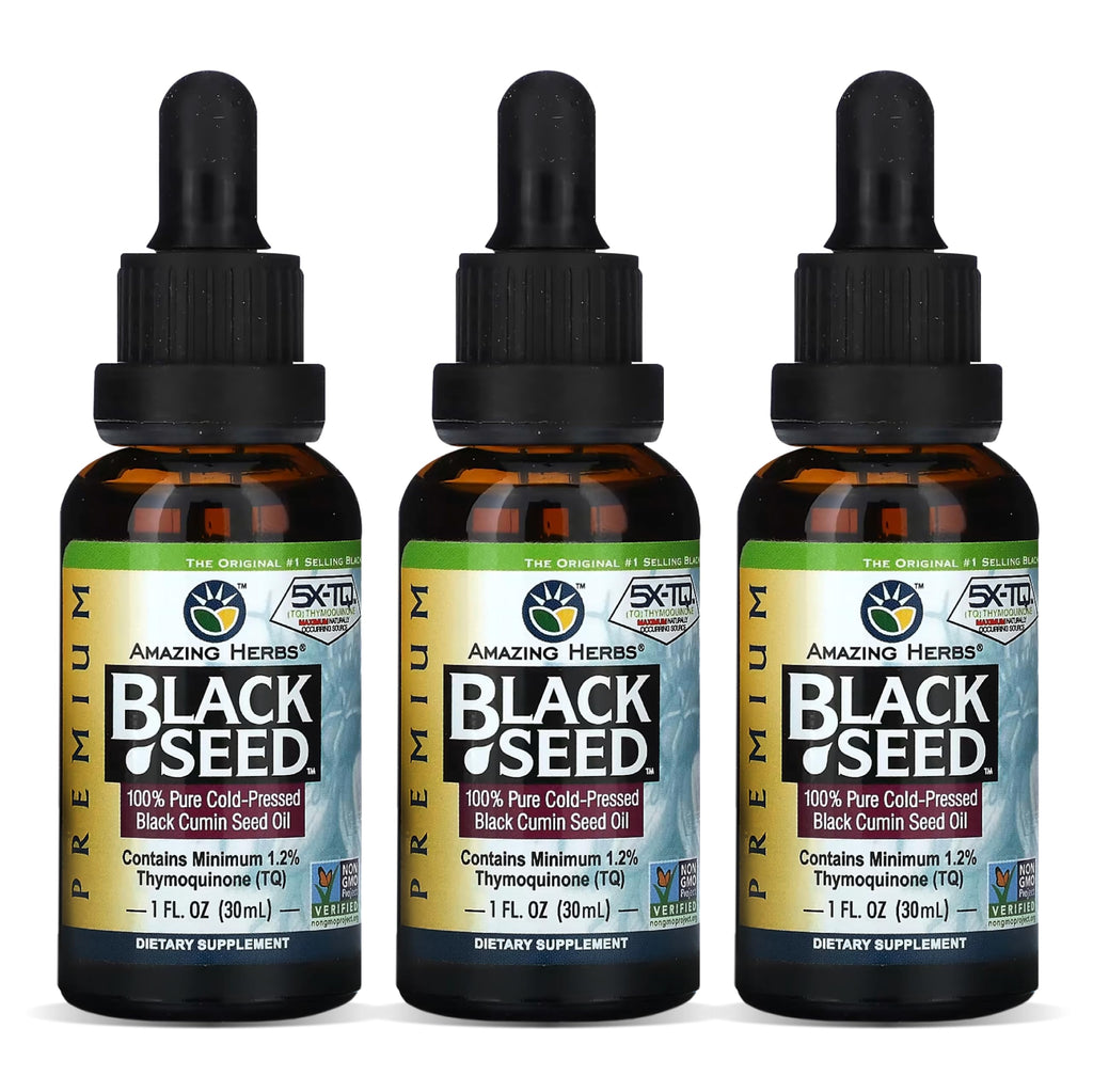 Amazing Herbs Premium Black Seed Oil - Cold Pressed, Gluten Free & Non-GMO - Digestive Health, Immune Support, Brain Function (1 oz) Pack of 3