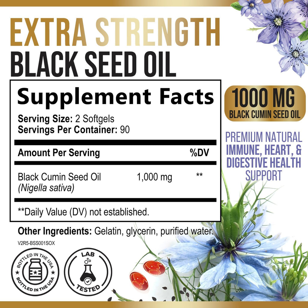 Black Seed Oil Softgels 1000mg | Nigella Sativa (Black Cumin) | Made in USA