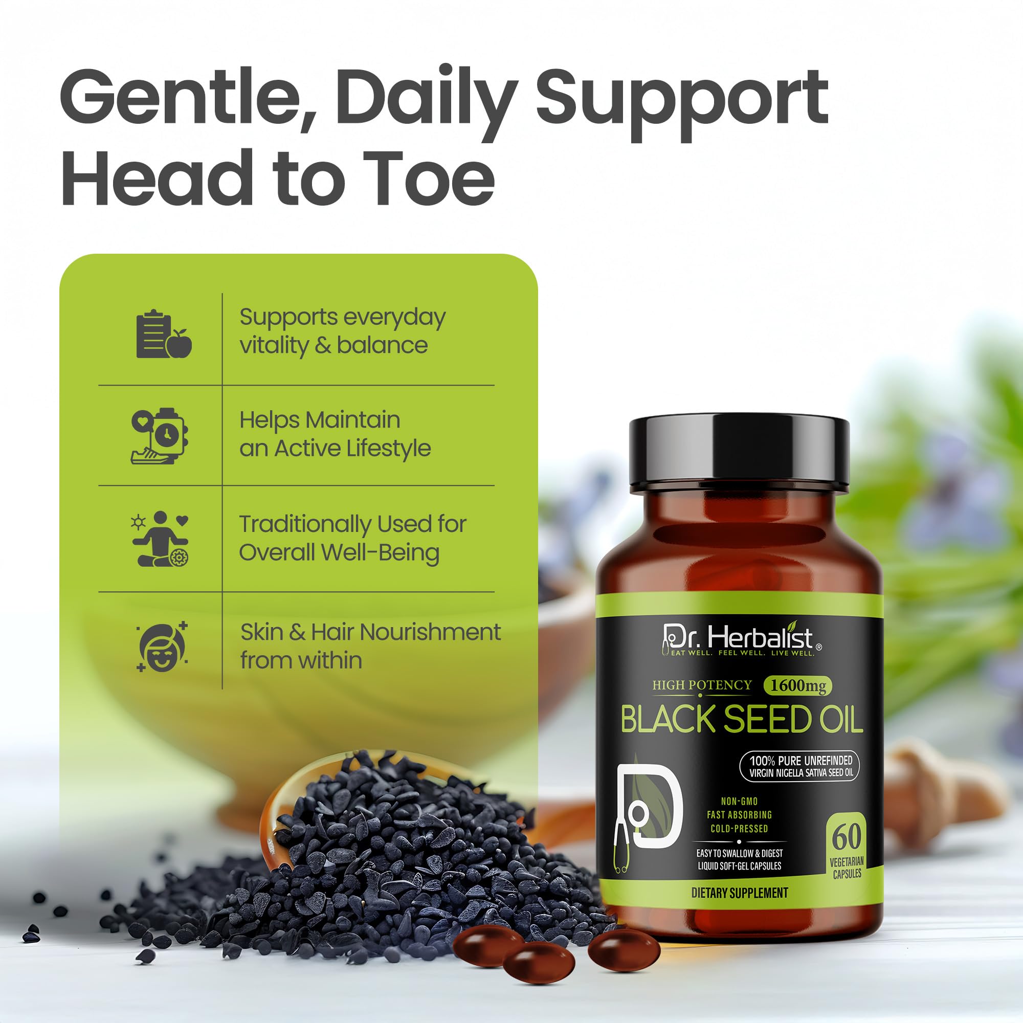 Dr. HERBALIST Black Seed Oil 1600mg – 60 Softgels | Cold-Pressed Organic Nigella Sativa