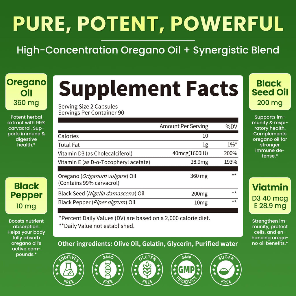 Organic Oregano Oil Capsules + Black Seed Oil | 99% Carvacrol, 180 Softgels