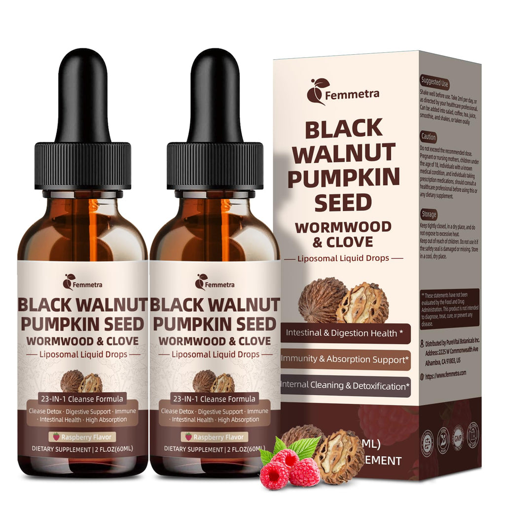 2-Pack Black Walnut Wormwood Clove Cleanse Drops - 23-in-1 Gut Health, Raspberry Flavor, 4 oz