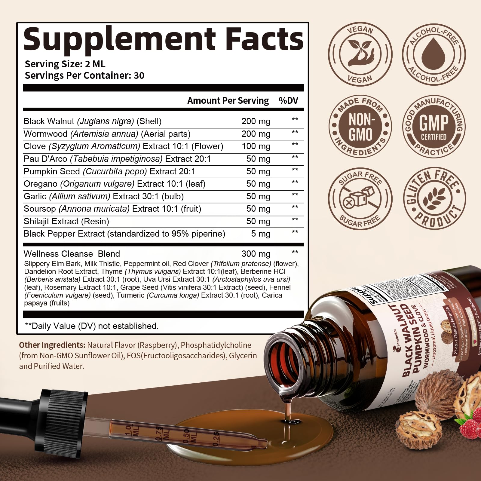 2-Pack Black Walnut Wormwood Clove Cleanse Drops - 23-in-1 Gut Health, Raspberry Flavor, 4 oz