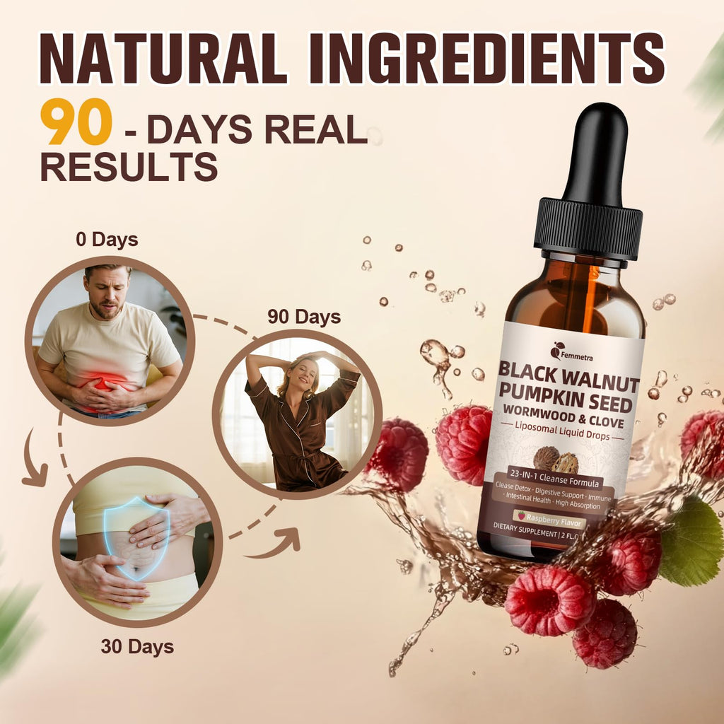 Black Walnut Wormwood Clove Cleanse Drops - 23-in-1 Gut Health Support (Raspberry, 2 oz)