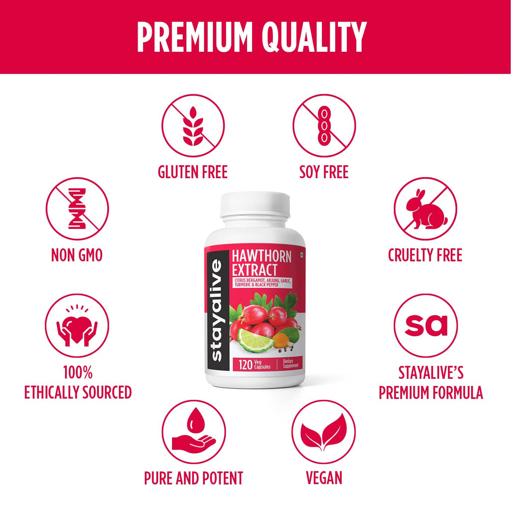 STAY ALIVE Hawthorn Berry Capsules 20:1 Extract – 6-in-1 Antioxidant, 120 Vegan Pills