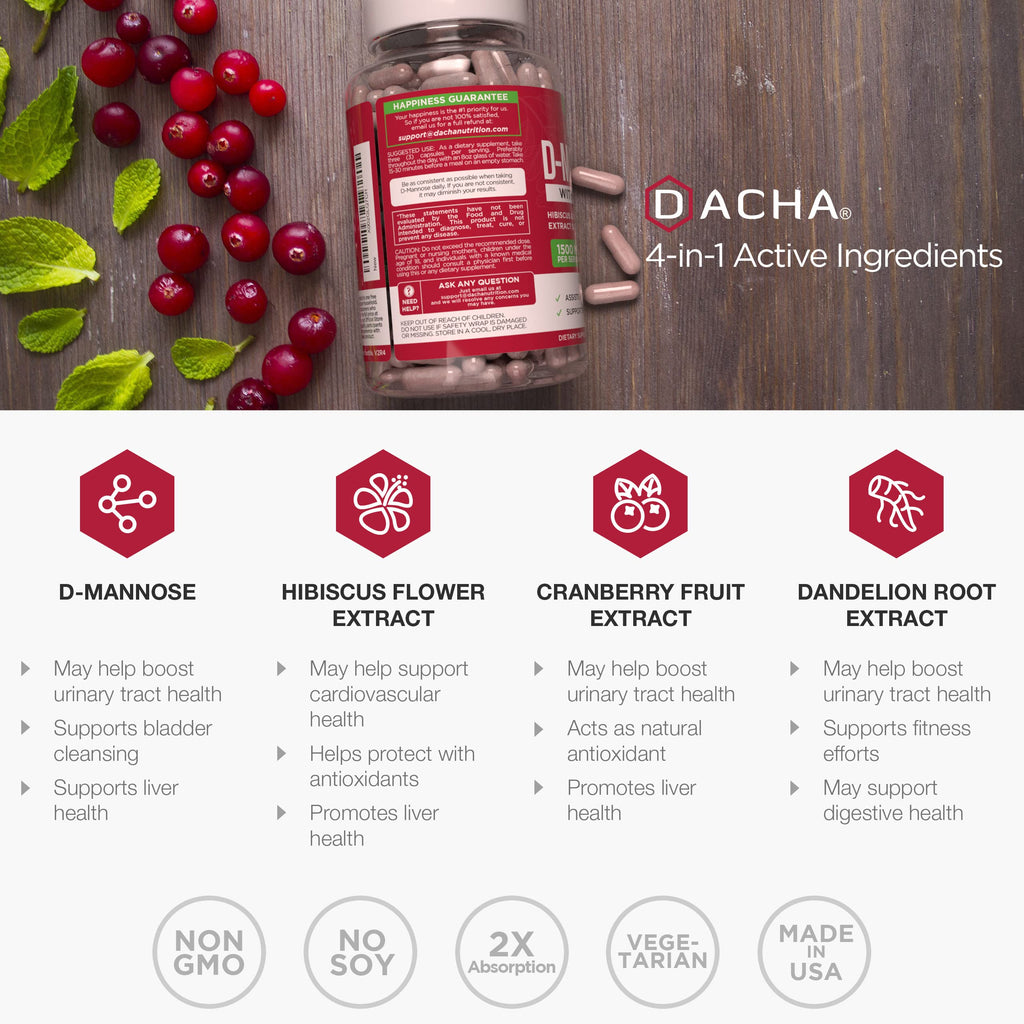 Natural D-Mannose Capsules 4-in-1 Formula - 120 Caps | 1500 mg Cranberry, Dandelion & Hibiscus