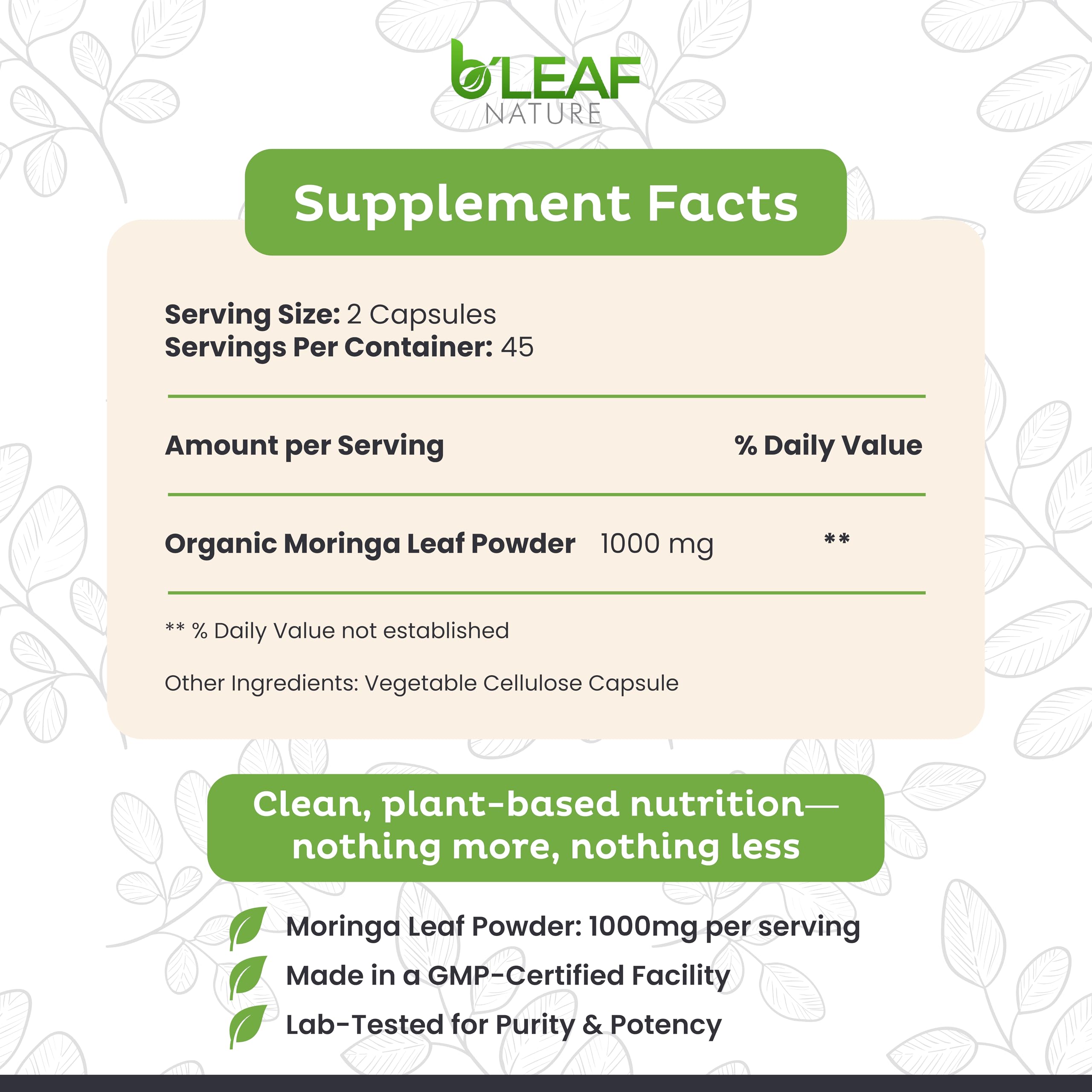 B’LEAF NATURE Organic Moringa Capsules 1000mg – 90 Count | Immune Support, Energy & Balance | Vegan, Non-GMO
