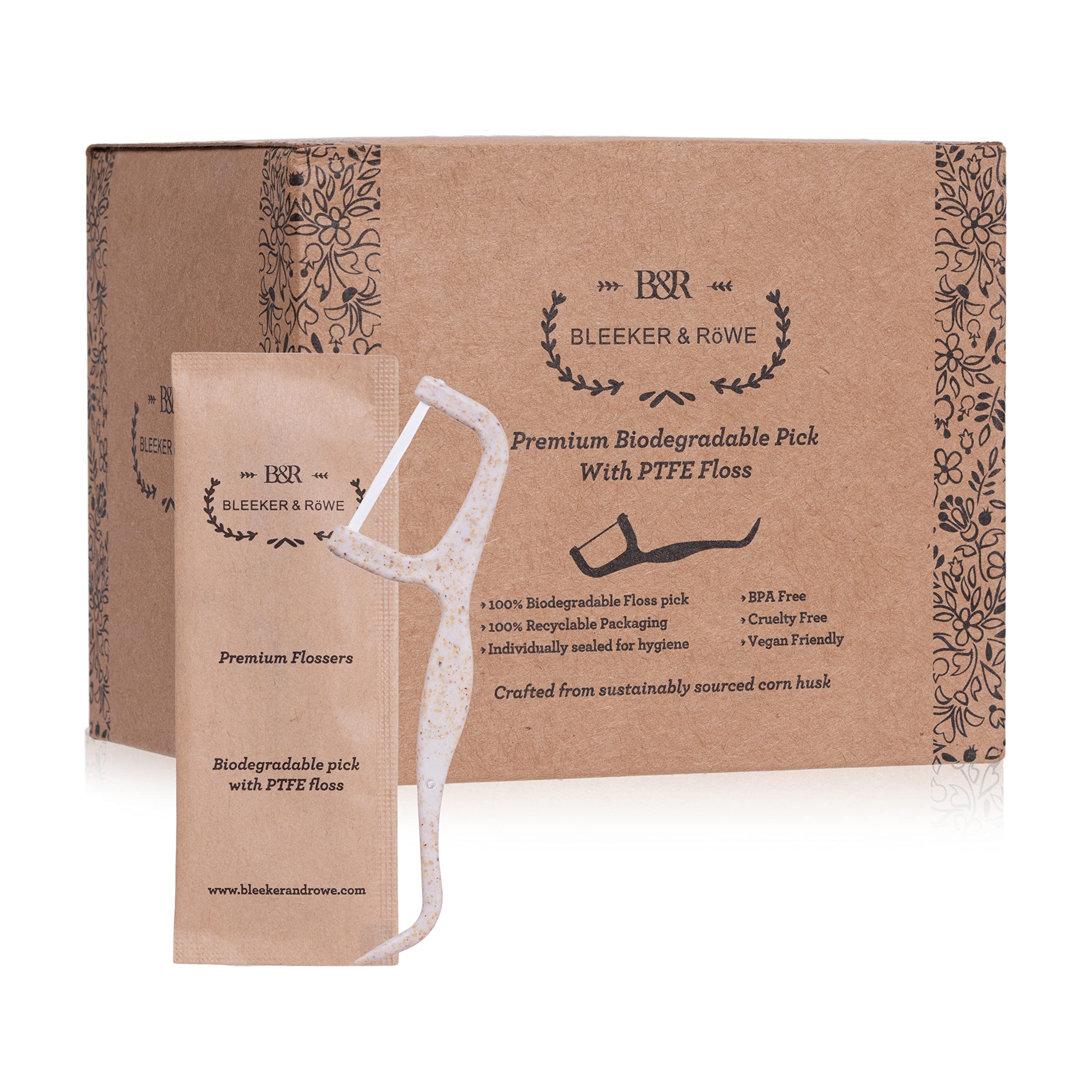 Bleeker and Rowe Biodegradable Floss Picks - Eco-Friendly PTFE Flossers 150 Pack