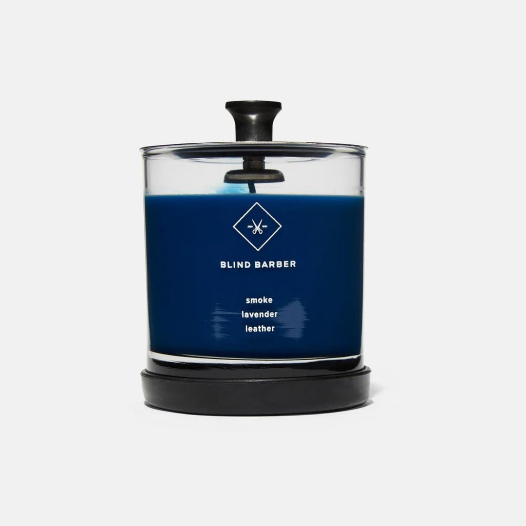 Blind Barber Tompkins Scented Candle — 40 Hour Burn, Leather, Smoke & Lavender (Barbicide Jar)