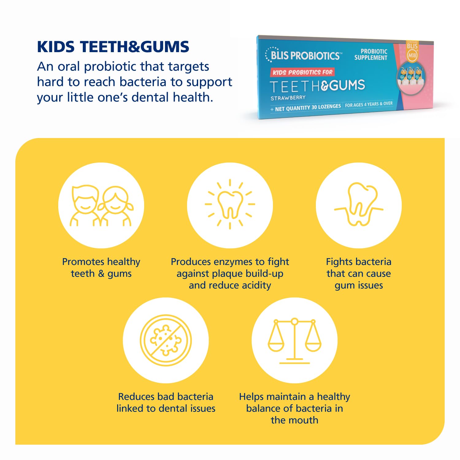 BLIS Kids Teeth & Gums Oral Probiotics – Strawberry, 30 Lozenges