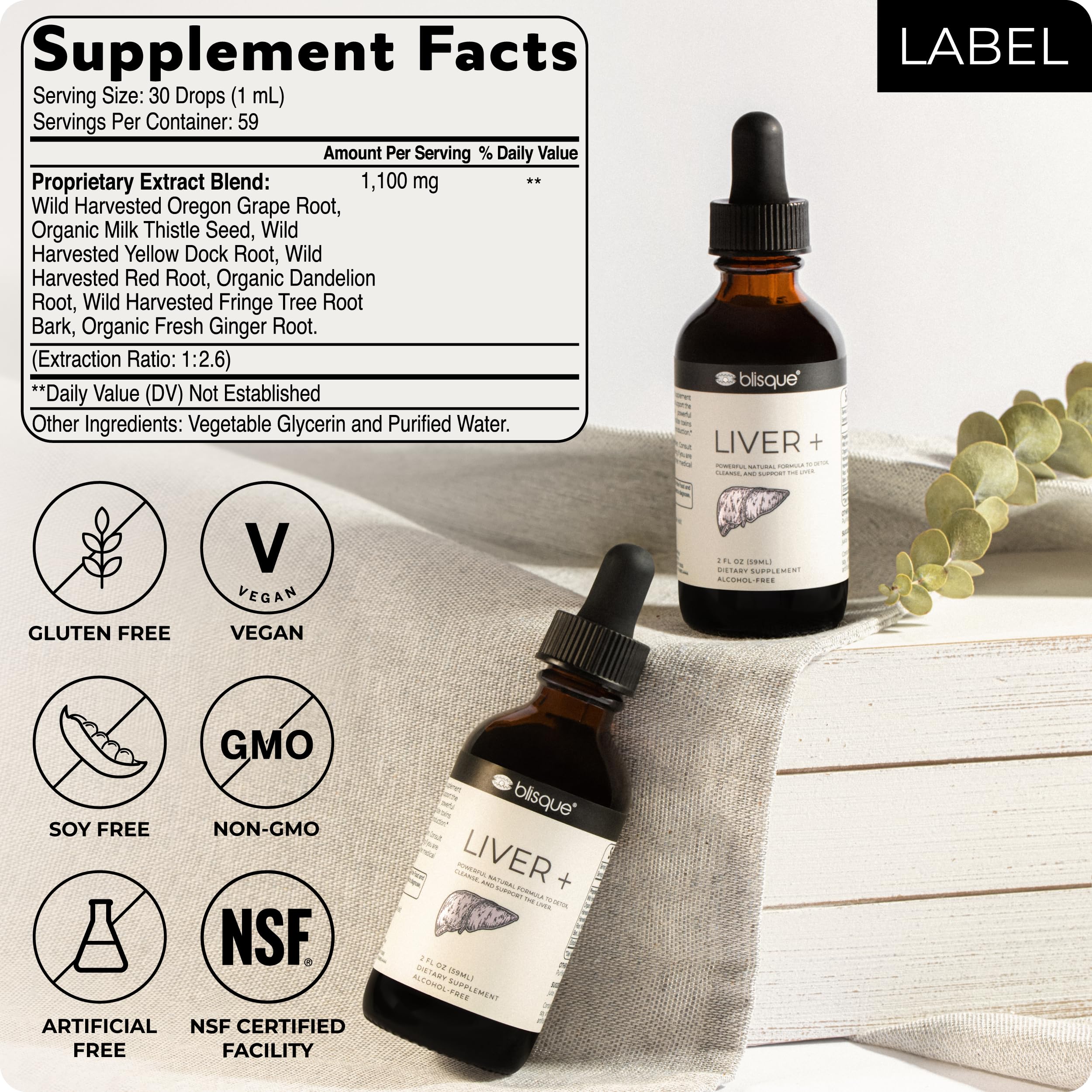 Blisque Liver Complex – Detox, Cleanse & Repair the Liver | Doctor-Approved | Milk Thistle & Dandelion Root | 2 oz | 59 Servings