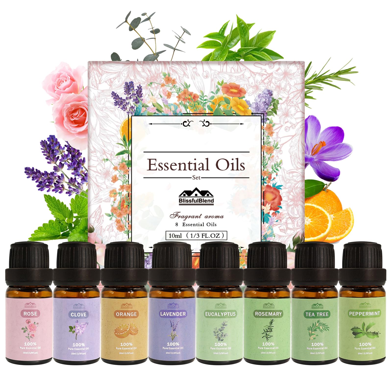 BlissfulBlend 8-Piece Pure Essential Oils Gift Set – Peppermint, Lavender, Eucalyptus & More